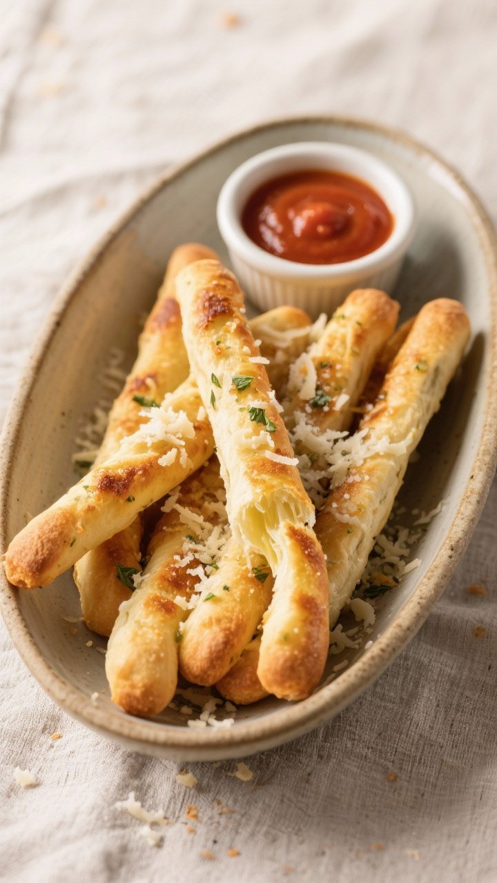 Final dish presentation: Restaurant-quality plating of warm keto garlic butter breadsticks arranged 