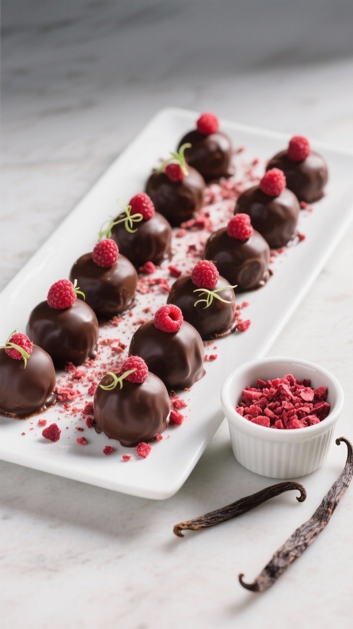Final dish presentation: Restaurant-quality platter of finished raspberry chocolate fat bombs arrang