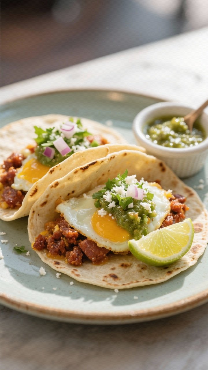 Final dish presentation: Two chorizo breakfast tacos on a ceramic plate—soft corn tortillas filled