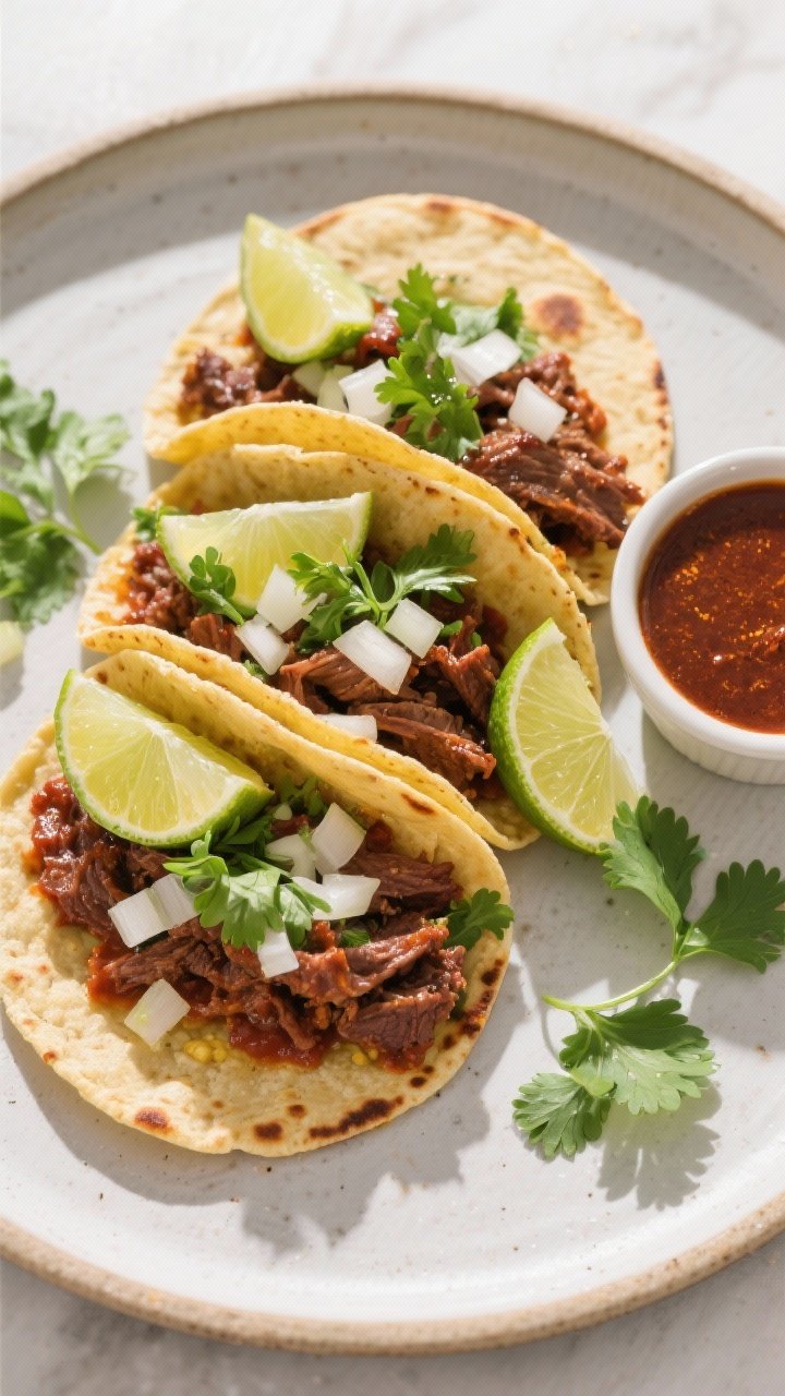 Final dish, top-down: Overhead shot of assembled Beef Barbacoa Tacos on a matte ceramic platter—th