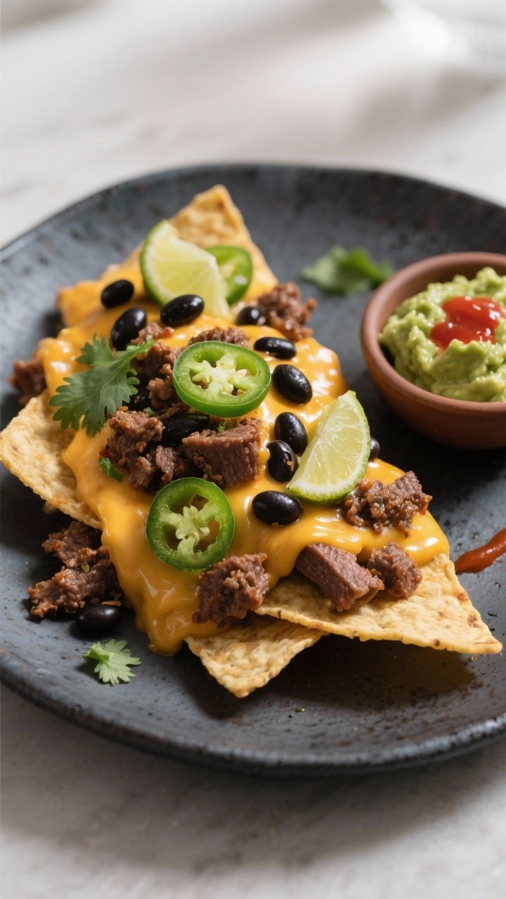 Final plated beauty: Restaurant-quality presentation of a generous wedge of beef nachos served on a 