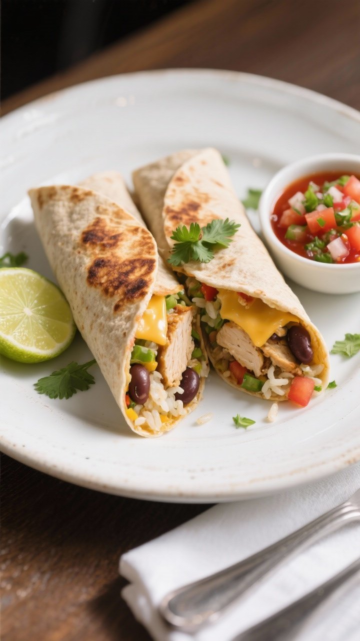 Final plated burrito presentation: Two toasted wholewheat burrito halves, seam-side crisped and slic