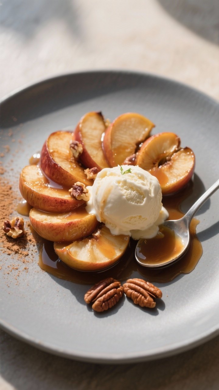 Final plated dessert: Restaurant-quality presentation of baked cinnamon apples served in a shallow g