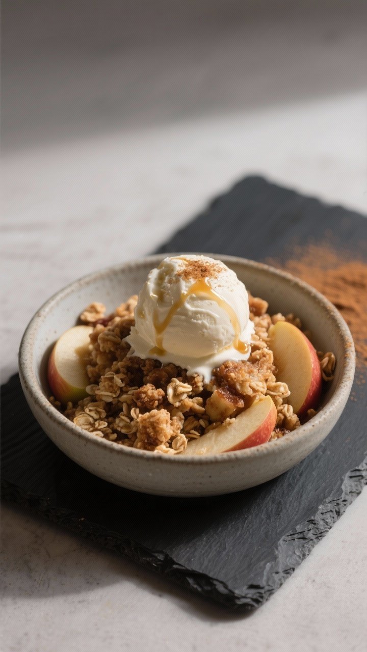 Final plated dessert: Restaurant-quality presentation of a single-serving bowl of apple crisp, scoop