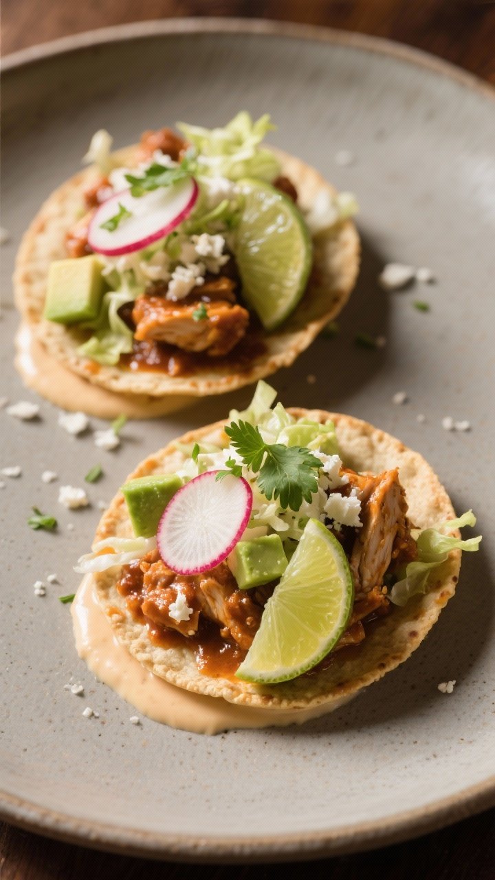 Final plated dish: Beautifully plated Chicken Tinga Tostadas—two tostadas on a matte ceramic plate