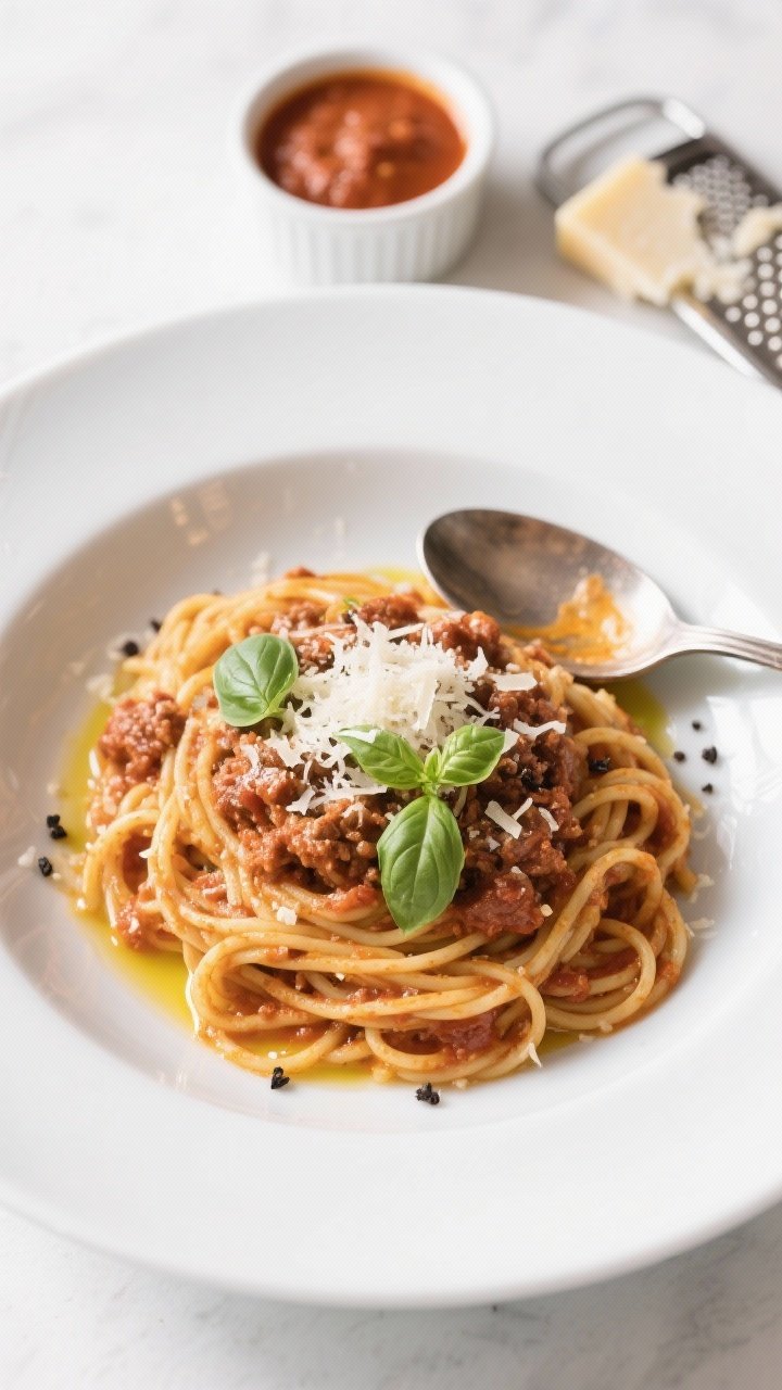 Final plated dish: Beautifully plated Classic Spaghetti Bolognese on a white, shallow pasta bowl—p