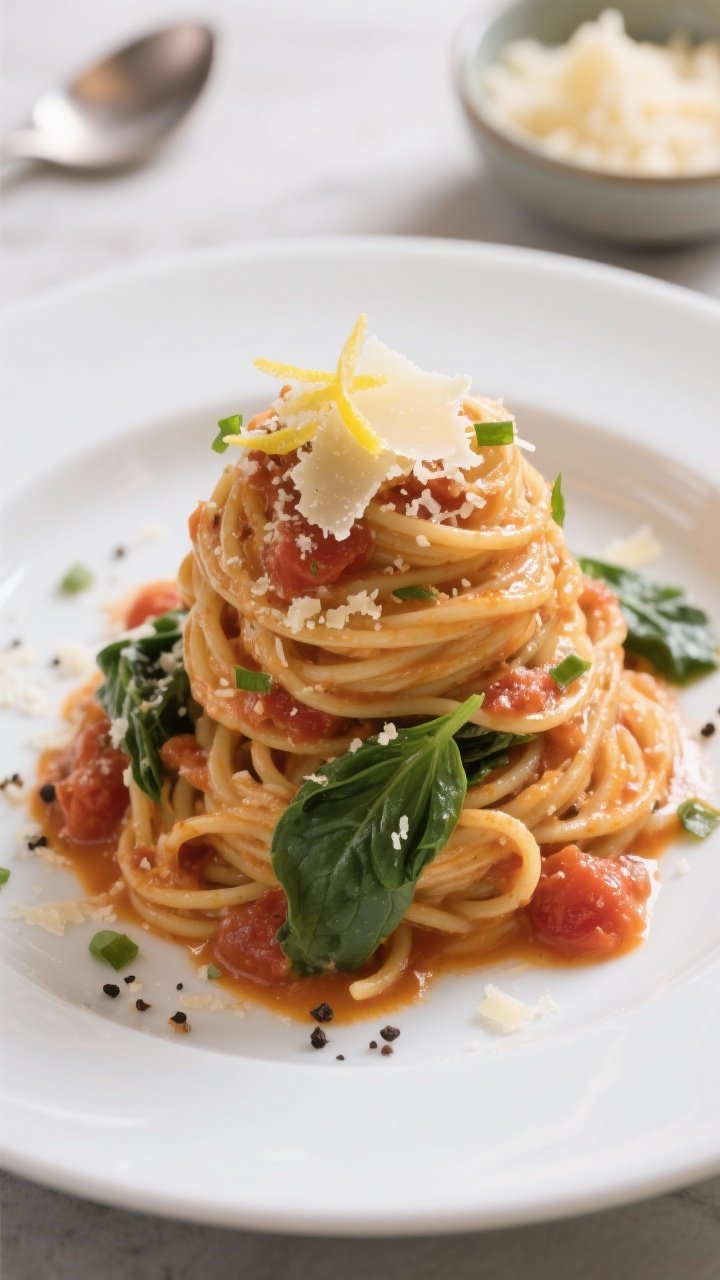 Final plated dish: Restaurant-quality presentation of spaghetti with creamy tomato and spinach Alfre