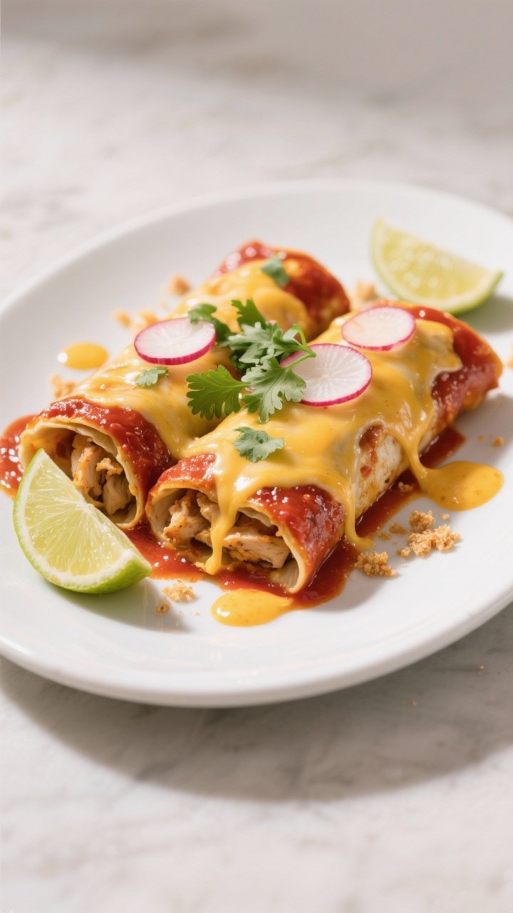 Final plated dish: Restaurant-quality presentation of 2–3 chicken enchiladas on a matte white plat