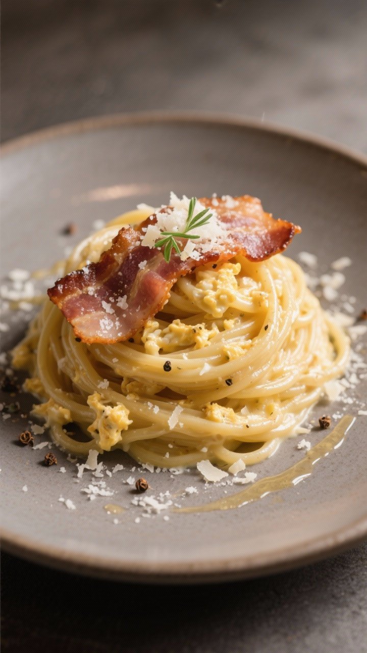 Final plated dish: Restaurant-quality presentation of spaghetti carbonara on a warm gray ceramic pla