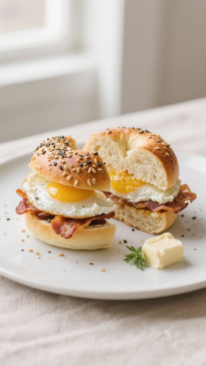 Final plated dish shot: Beautifully plated Everything Bagel Keto Rolls sliced and used for a breakfa