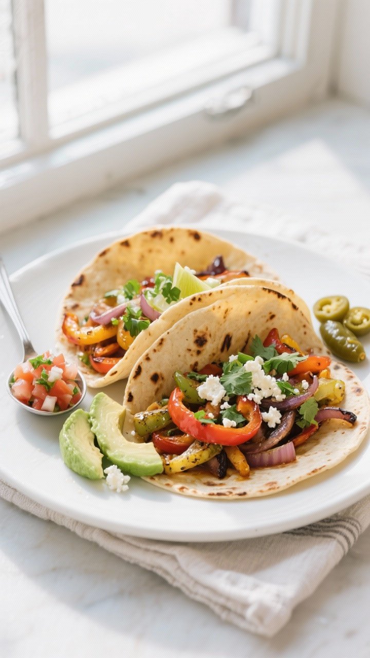 Final plated fajitas: Two warm, lightly charred corn tortillas filled with the grilled peppers and o