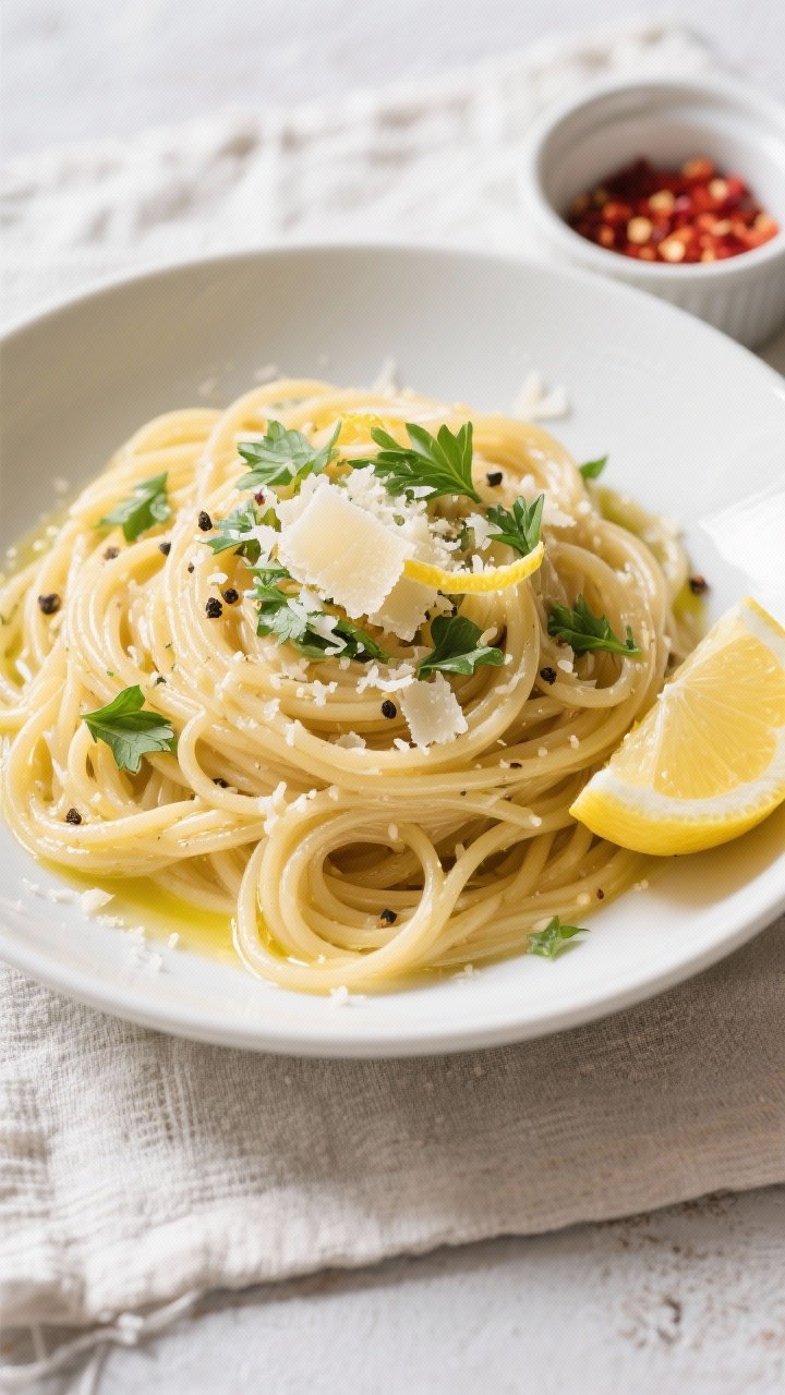 Final plated overhead: Beautifully twirled nest of Garlic Butter Spaghetti with Parmesan and Herbs i