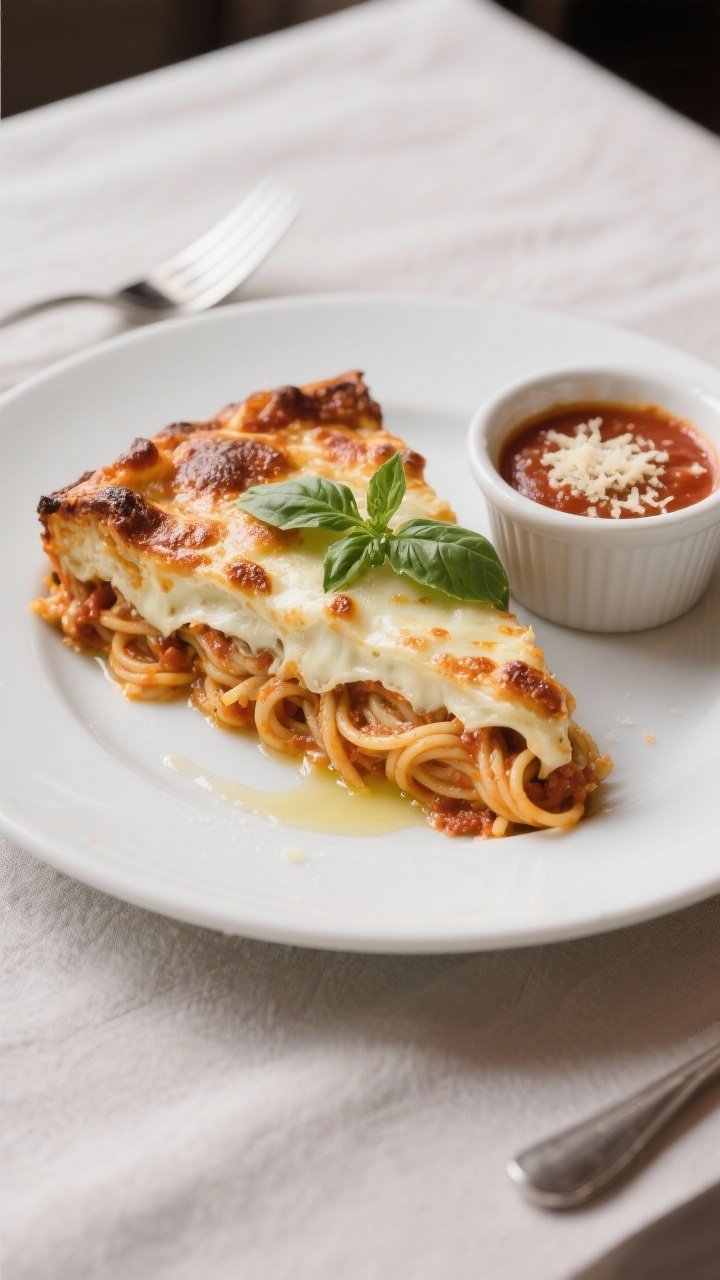 Final plated presentation: A generous slice of oven-baked spaghetti served on a wide white plate, cl