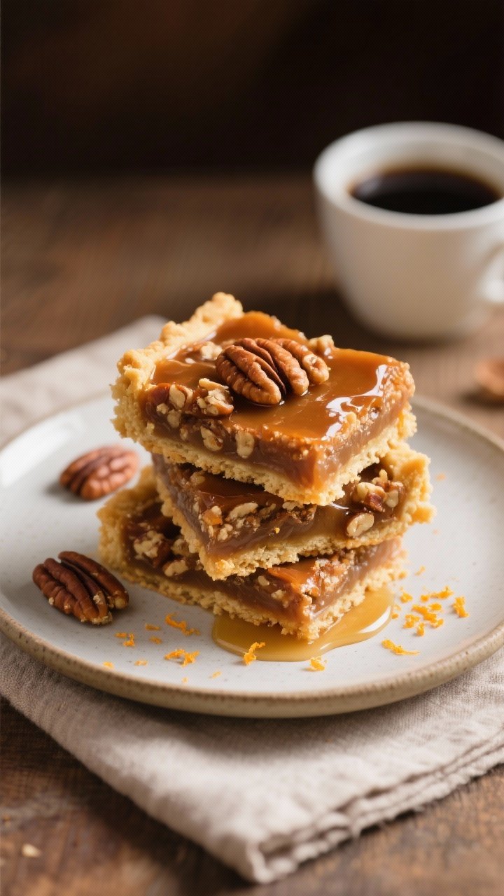 Final plated presentation: Elegant dessert plate with three Maple Pecan Pie Bars stacked slightly of