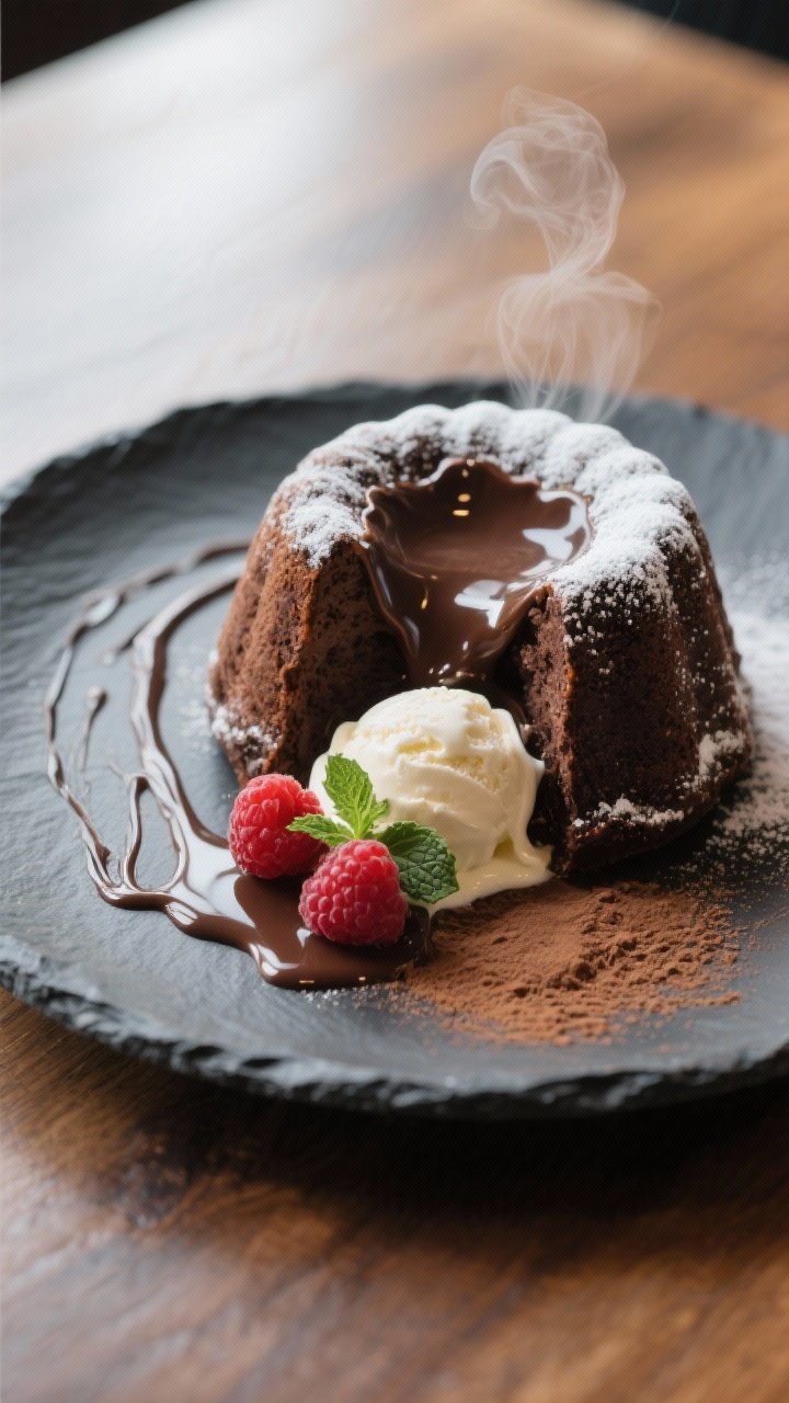 Final plated presentation: Restaurant-style dessert plate with an inverted molten chocolate cake dus
