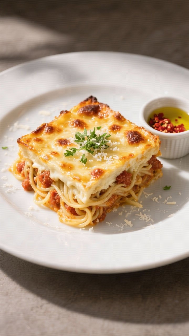 Final plated presentation shot: A generous square slice of TikTok-style spaghetti Alfredo bake serve