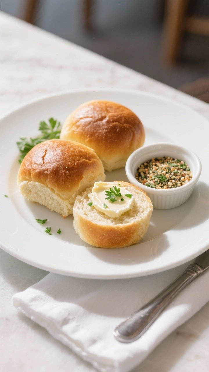 Final plated serving shot: Restaurant-quality presentation of three keto dinner rolls on a white cer