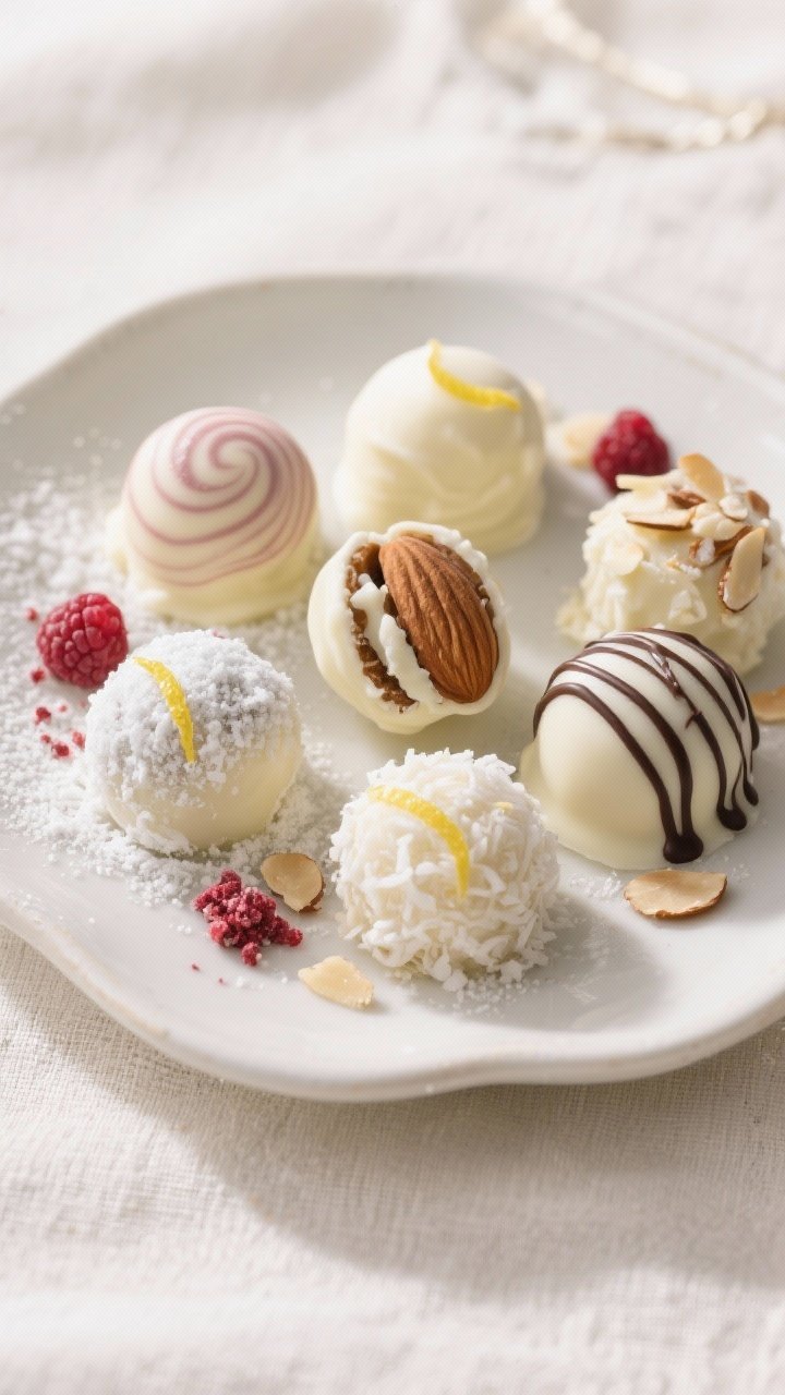 Final presentation: Beautifully plated assortment of white chocolate truffles for gifting—an elega
