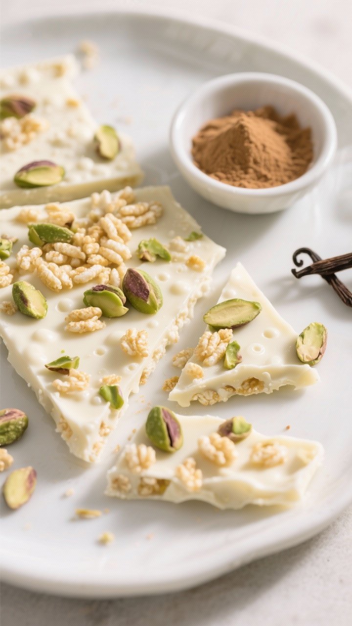 Final presentation: beautifully plated DIY white chocolate bark with mix-ins—puffed rice and chopp