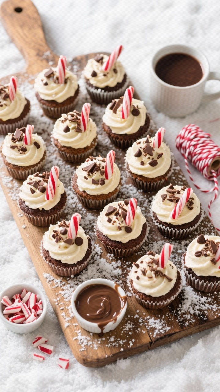 Final presentation — Festive platter of peppermint mocha cupcakes: Overhead “tasty top view” o