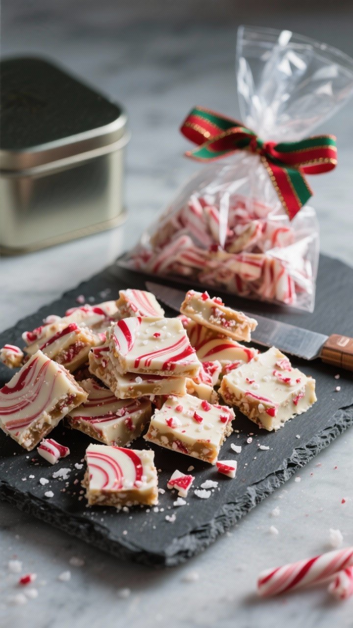 Final presentation: Restaurant-quality holiday serving scene featuring a slate board piled with pepp