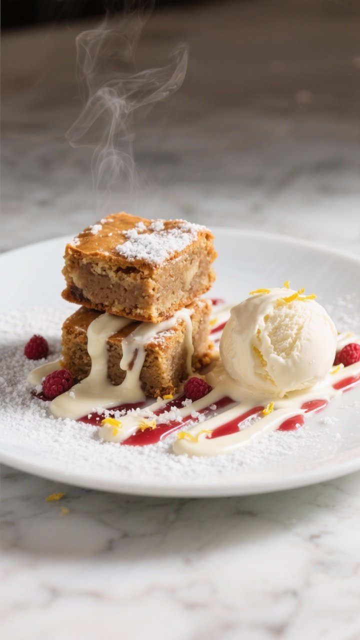 Final presentation: Restaurant-quality plate-up of two warm white chocolate raspberry blondie square