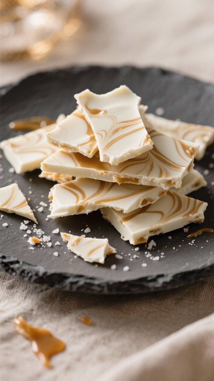 Final presentation shot: broken shards of white chocolate caramel bark stacked casually on a matte s