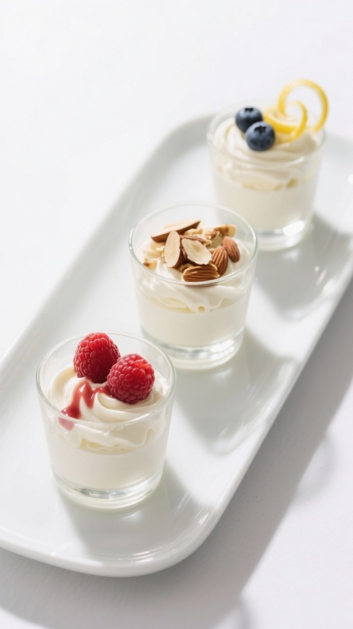 Final presentation shot: Elegant dessert trio—small 4–6 oz clear glasses of set white chocolate