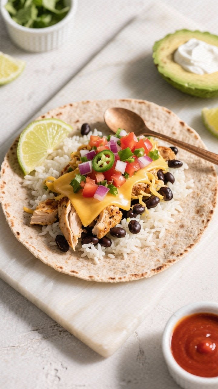 Overhead “assembly line” shot: Wholewheat tortilla warmed and pliable on a neutral-toned board,