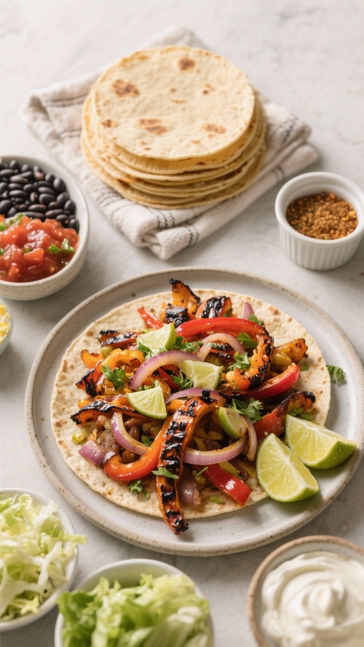 Overhead “build-your-own” spread: Top-down shot of a fajita assembly scene featuring a platter o
