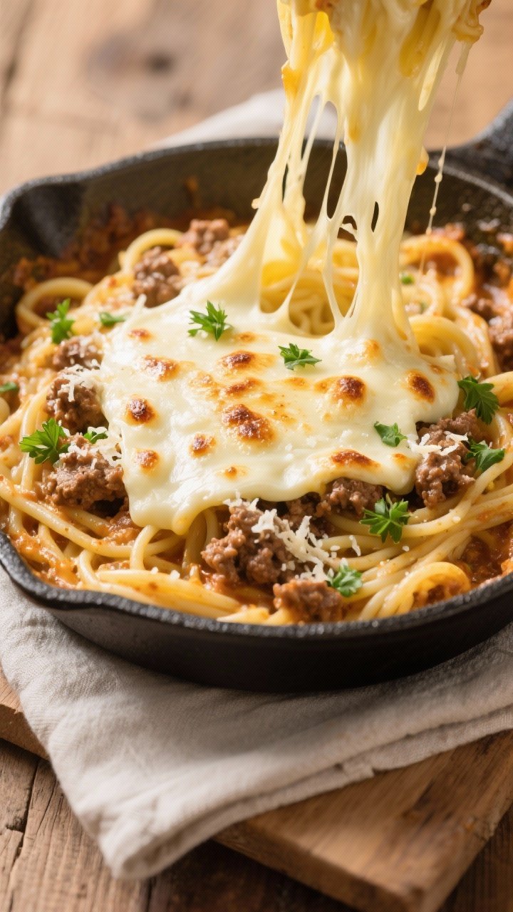Overhead “cheese pull” moment: spaghetti alfredo with ground beef in an oven-safe skillet just a