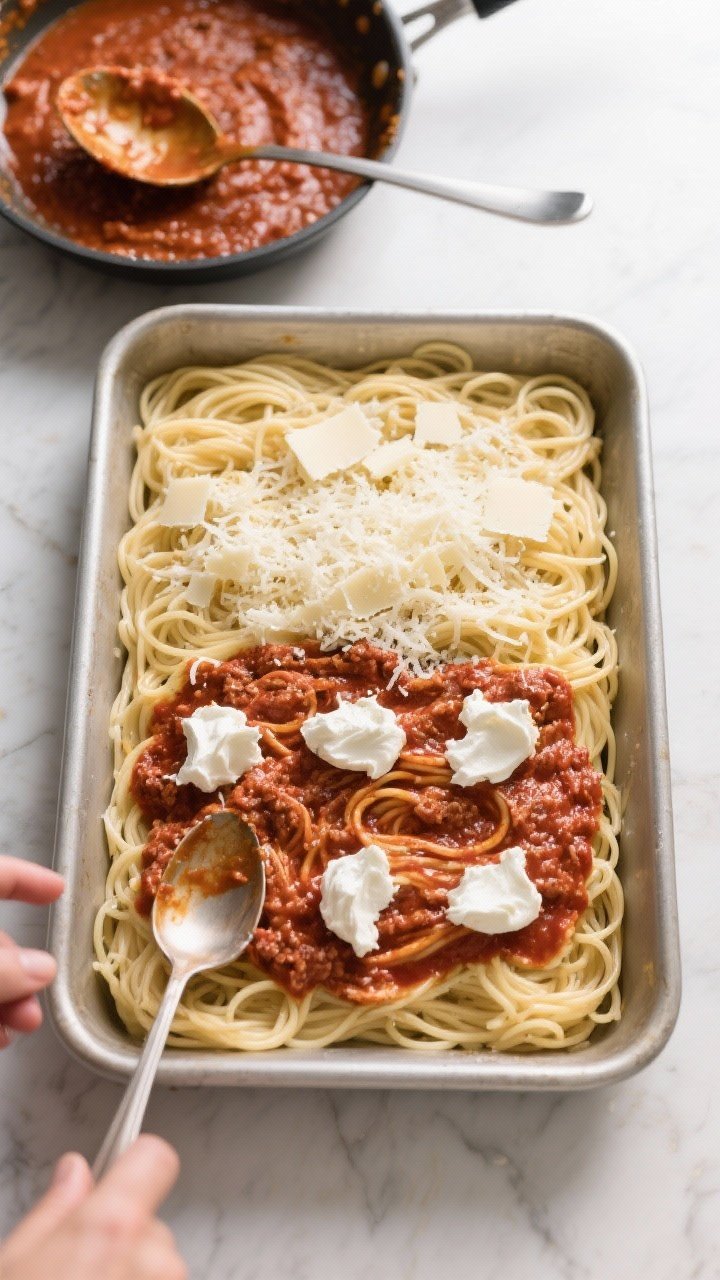 Overhead cooking process shot: The layering stage in a greased 9x13-inch baking dish. Half the spagh