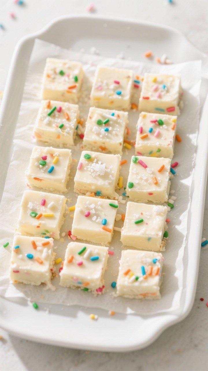 Overhead final presentation: a grid of neat, bite-size squares of White Chocolate Funfetti Fudge arr