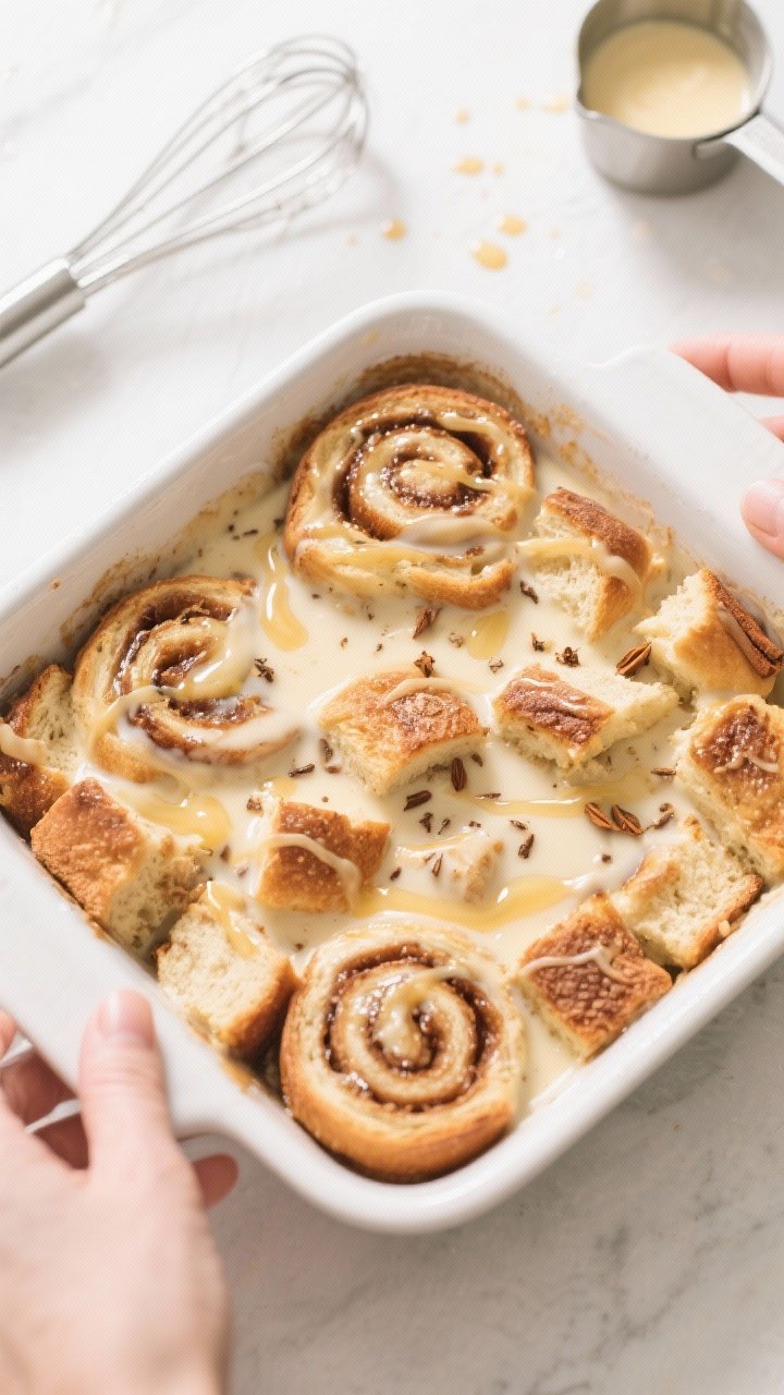 Overhead process shot: Cinnamon roll bread pudding in an 8x8 baking dish right after custard has bee