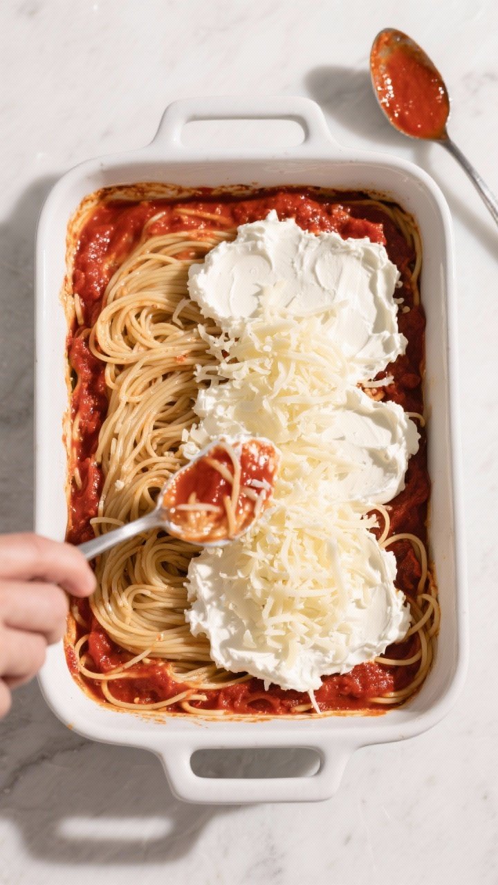 Overhead process shot: The 9x13-inch baking dish during layering, showing half the spaghetti tossed 