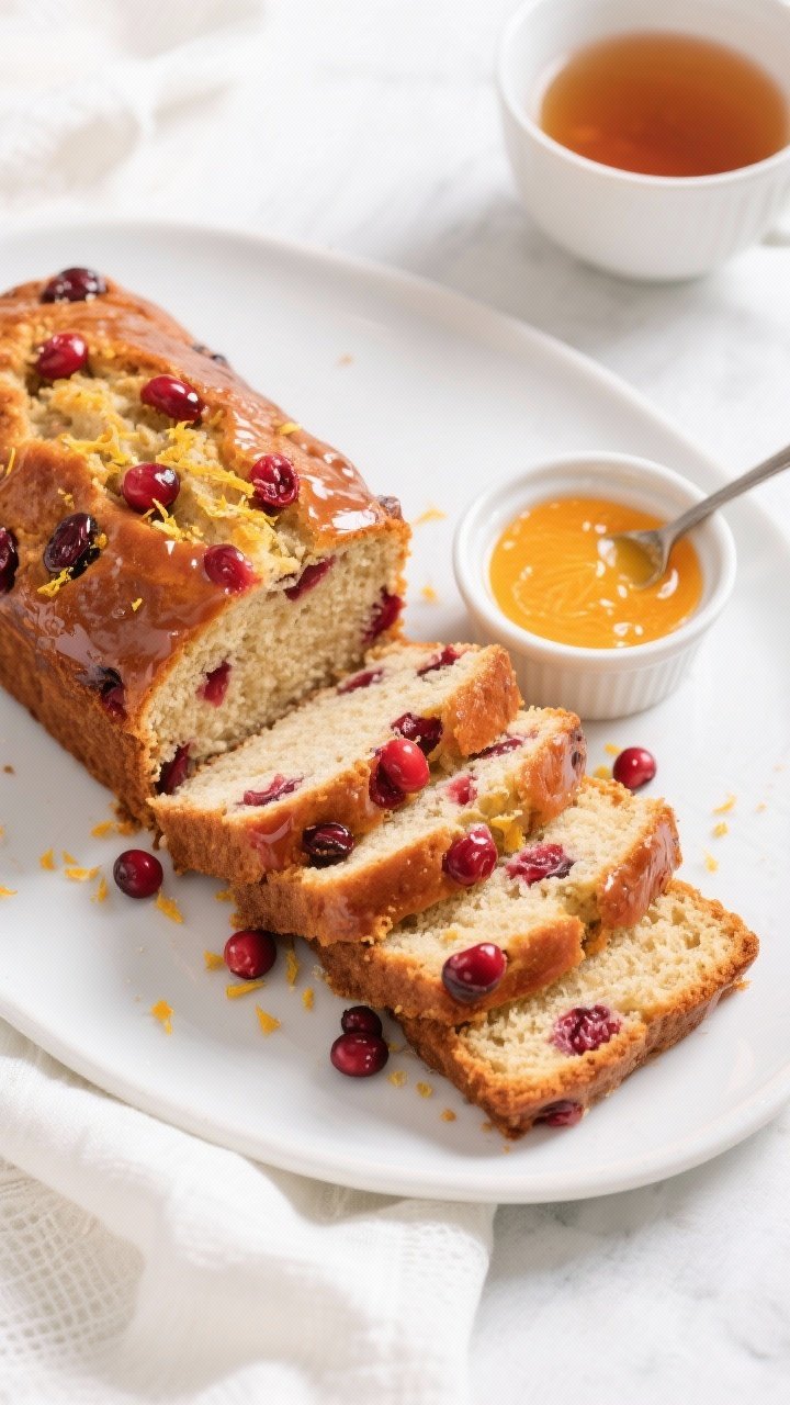 Overhead shot of the sliced Cranberry Orange Loaf on a white ceramic platter: neat, even slices fann