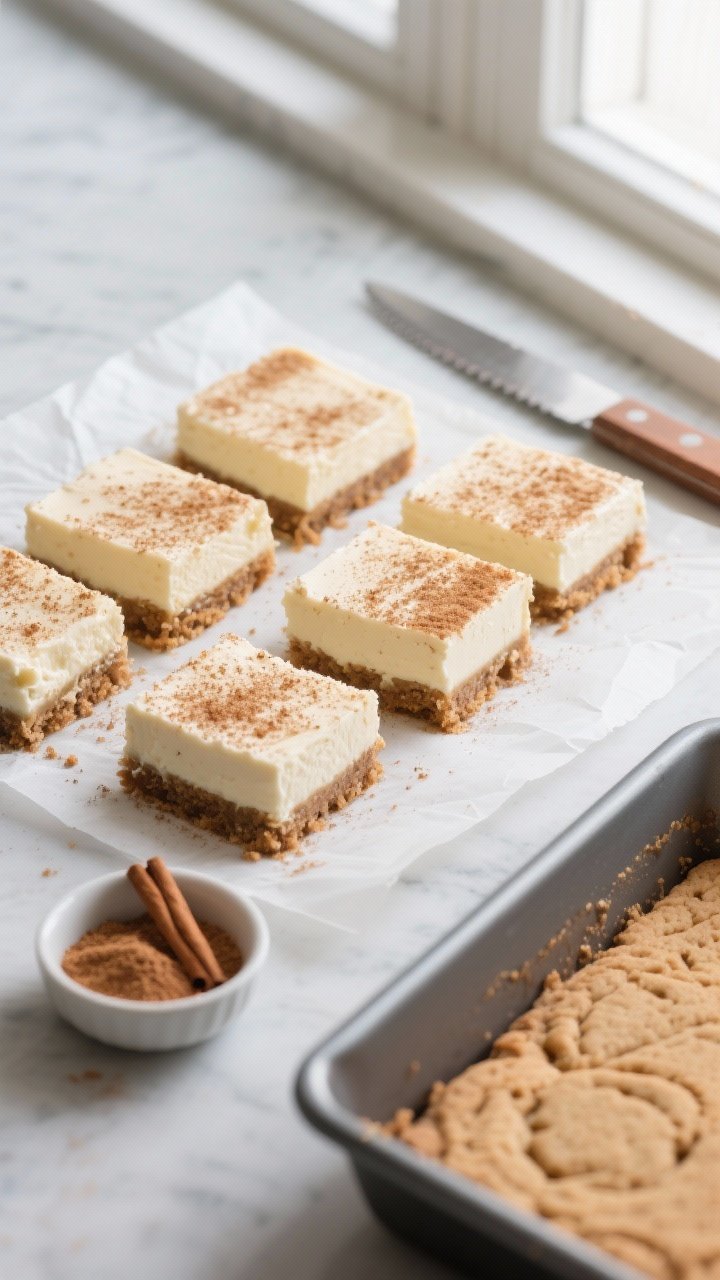 Overhead “tasty top view”: Clean, chilled squares of Snickerdoodle Cheesecake Bars sliced evenly