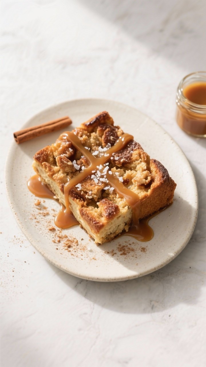 Overhead “tasty top view” of the finished bread pudding portioned and plated: a generous square