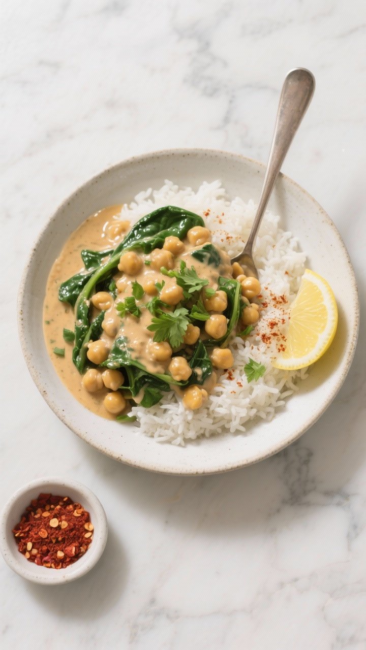Overhead “tasty top view” shot: Final plated creamy chickpea and spinach skillet spooned over fl