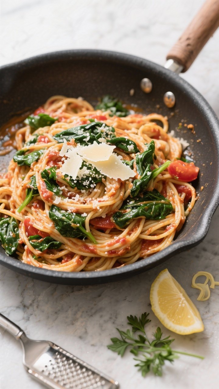 Overhead “tasty top view”: Skillet-to-table scene of the finished pasta just after tossing with 