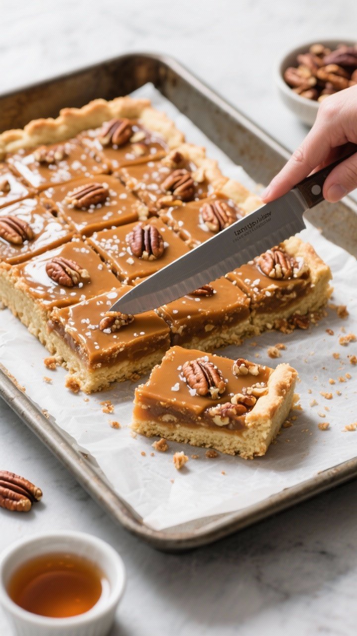 Overhead “tasty top view” slicing moment: Chilled Maple Pecan Pie Bars lifted from the pan onto 