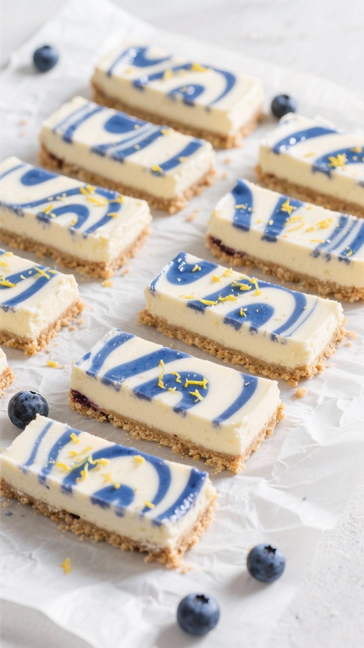 Overhead top-view shot: Neatly sliced blueberry keto cheesecake bars arranged in a staggered grid on