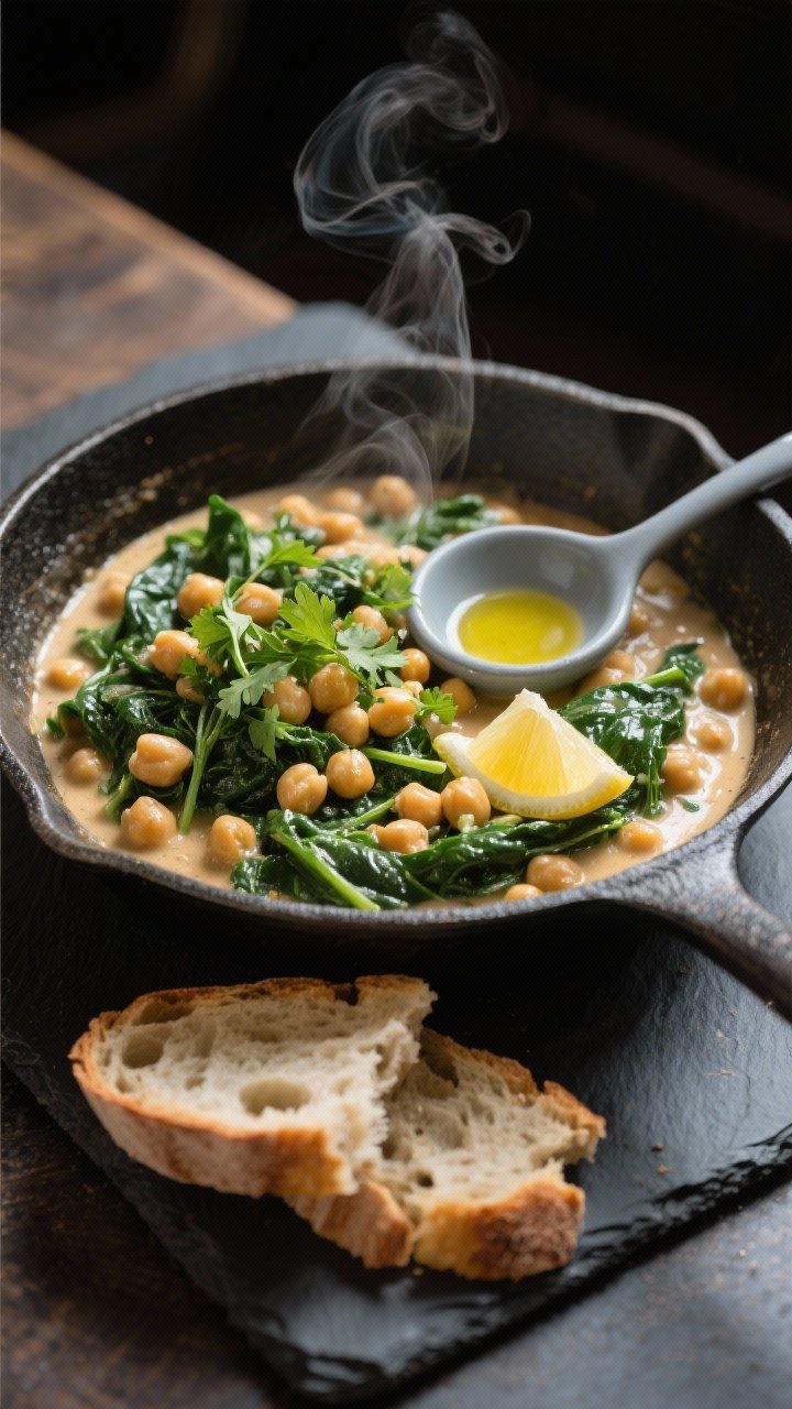 Restaurant-quality final dish presentation: The creamy chickpea and spinach skillet served with torn