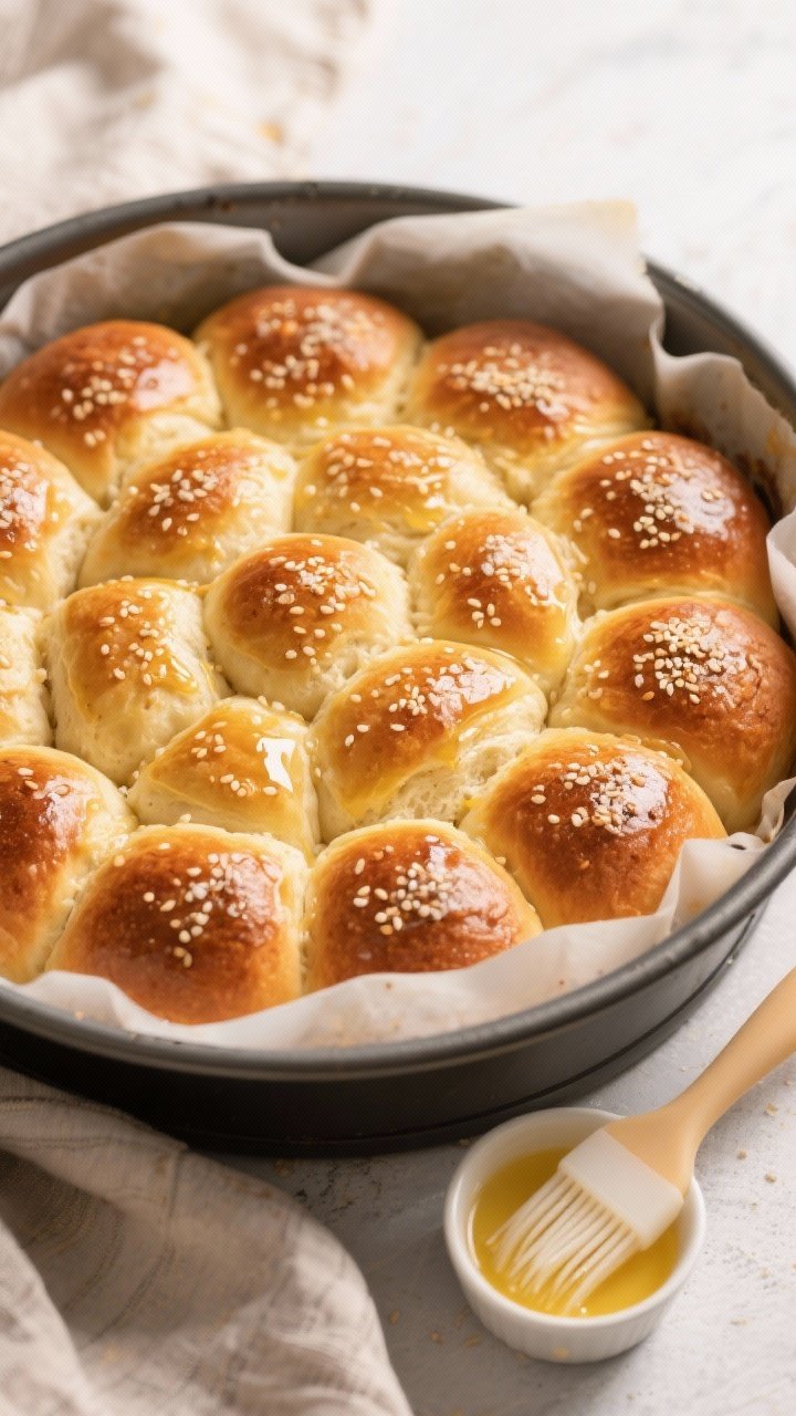 Tasty top-down process shot: Overhead view of a 9-inch round pan of pull-apart keto dinner rolls jus