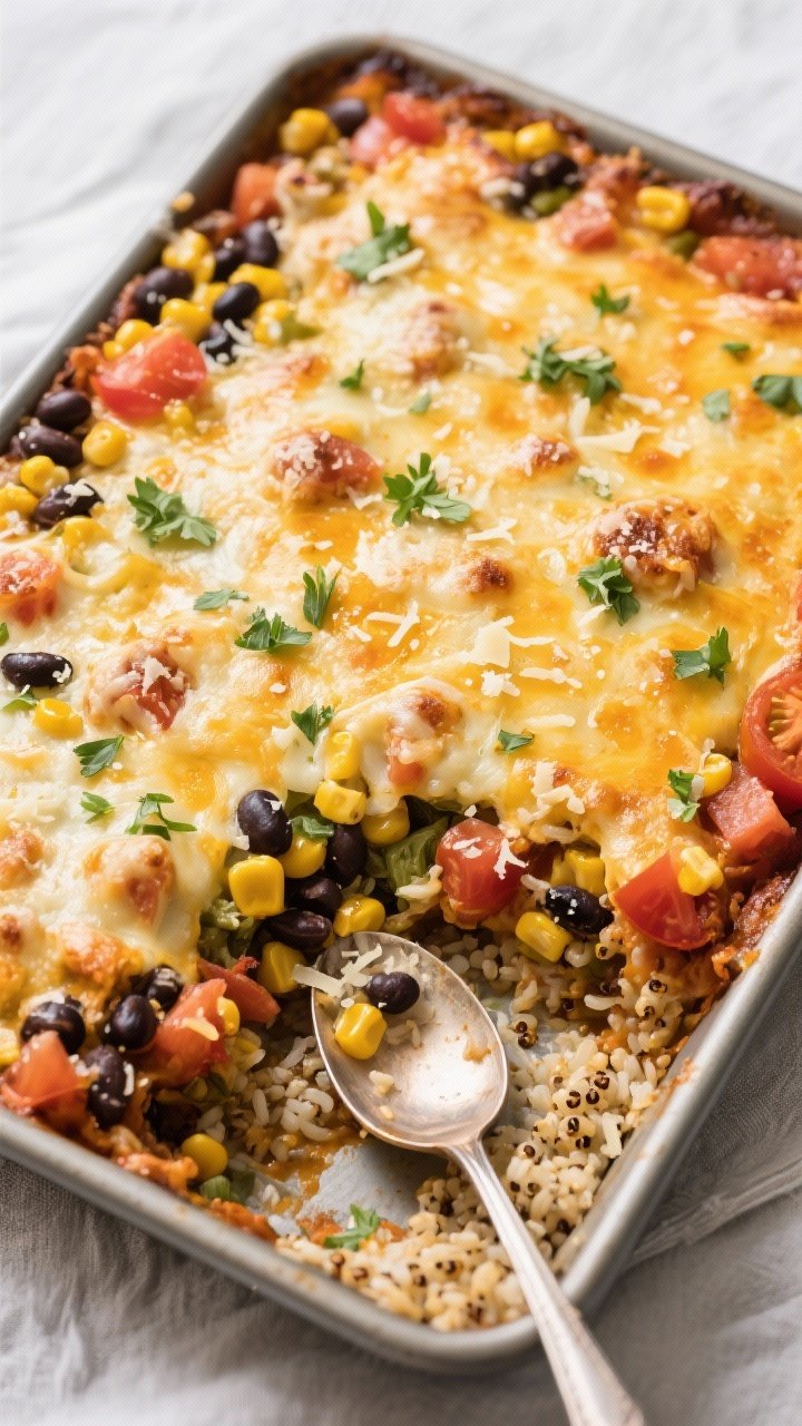Tasty top view — assembled and baked: Overhead shot of a 9x13 baked vegetarian casserole fresh fro