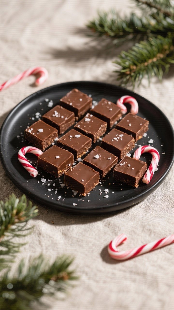 Tasty top view final presentation: Overhead shot of a neatly arranged grid of peppermint fudge squar