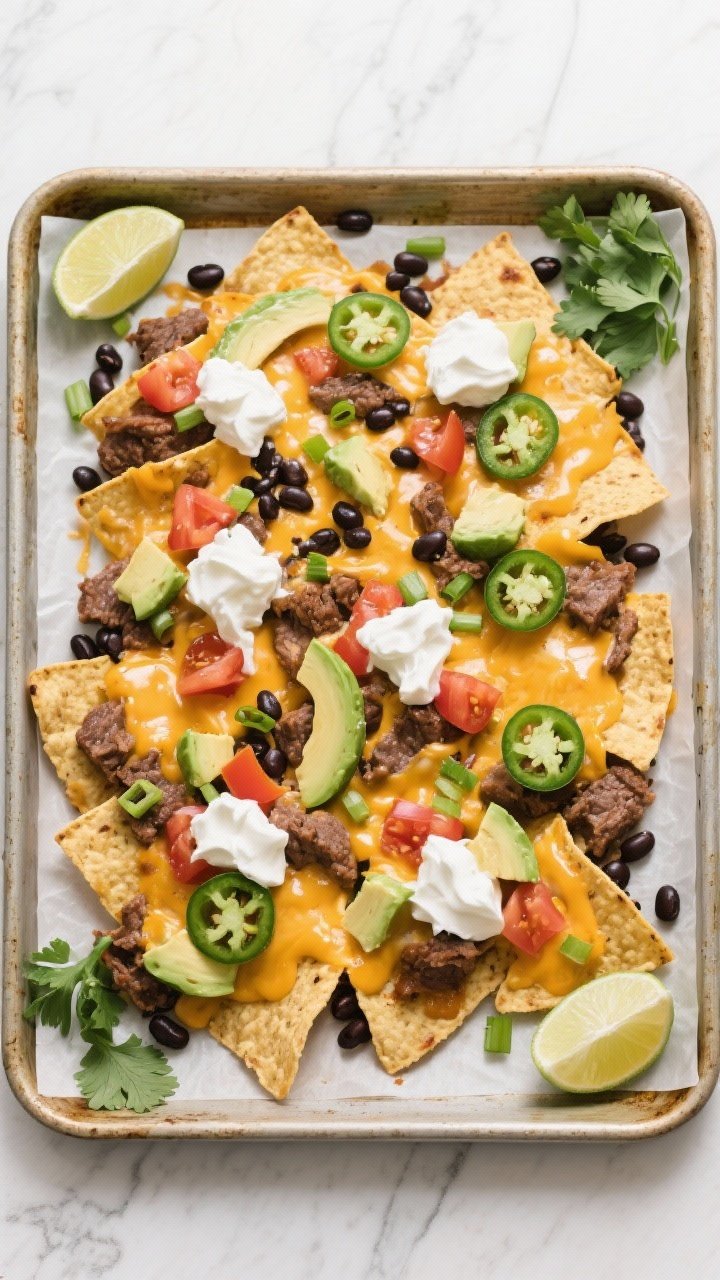 Tasty top view on the sheet pan: Overhead shot of freshly baked beef nachos on a parchment-lined she
