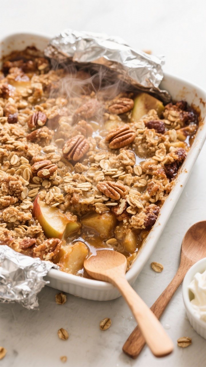 Tasty top view: Overhead shot of a 9x9-inch baked apple crisp just out of the oven, bubbling juices