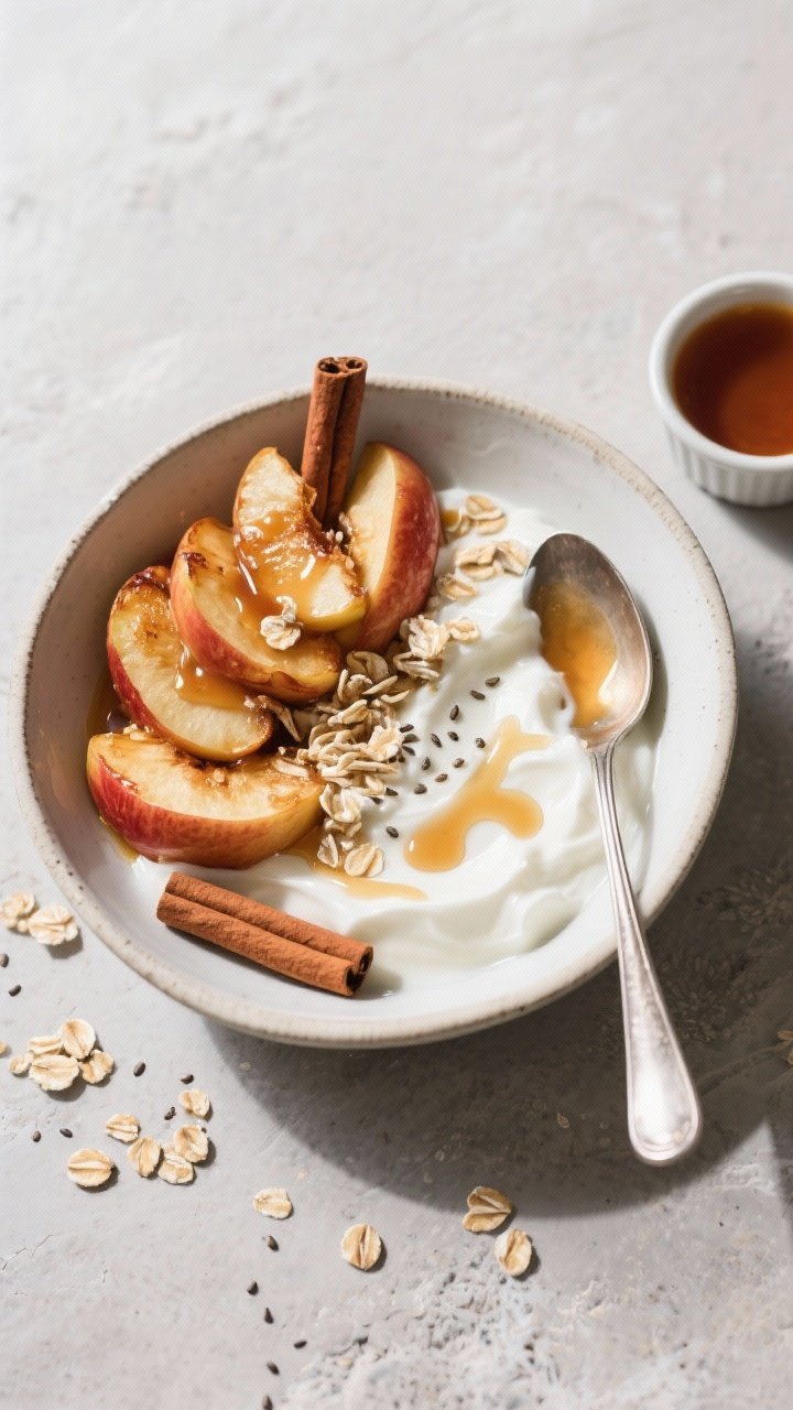 Tasty top view: Overhead shot of a breakfast-style bowl—warm baked cinnamon apples spooned over th