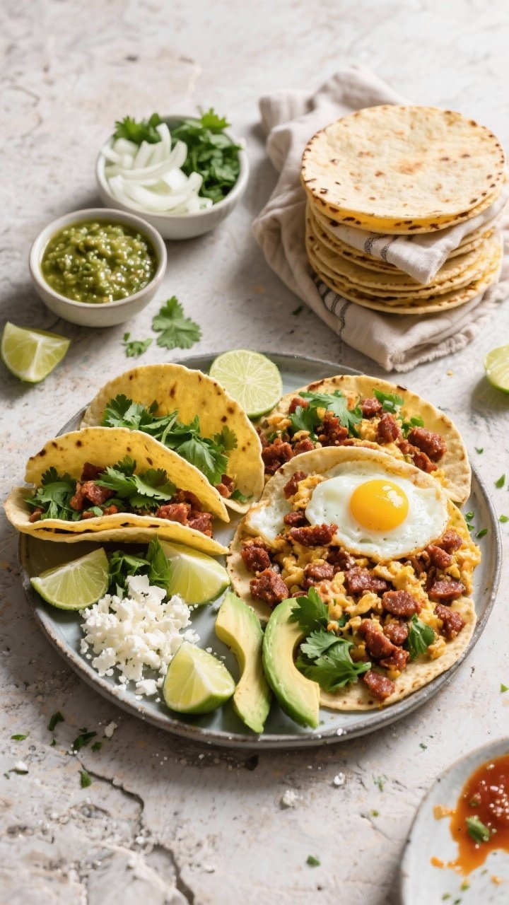 Tasty top view: Overhead shot of a build-your-own chorizo breakfast taco spread—stack of warmed co